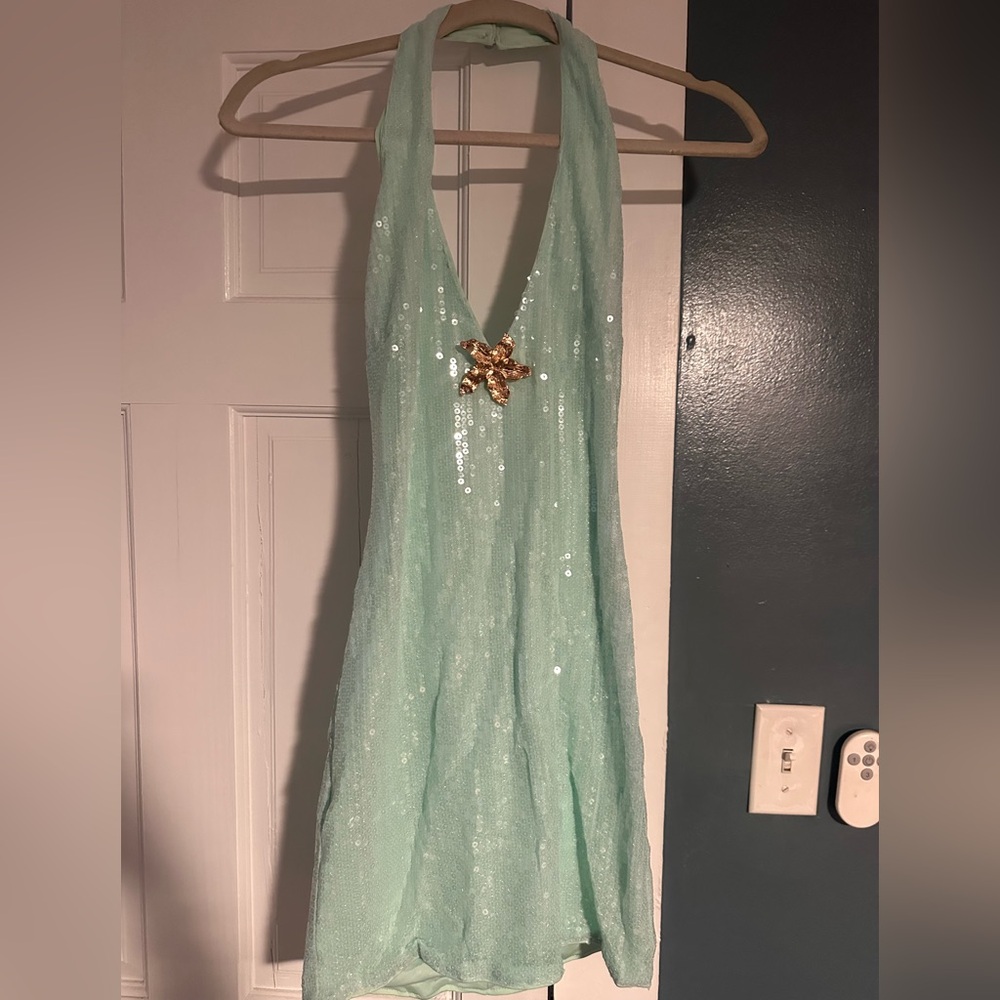 Windsor Mint Green Sequin Halter Mini Dress with Gold Accent